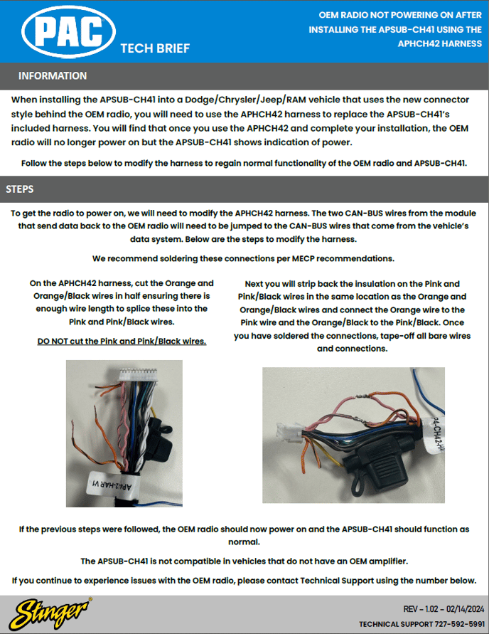TECH BRIEF - APSUB-CH41 - OEM radio inoperative after installation of APHCH42 harness for newer FCA vehicles